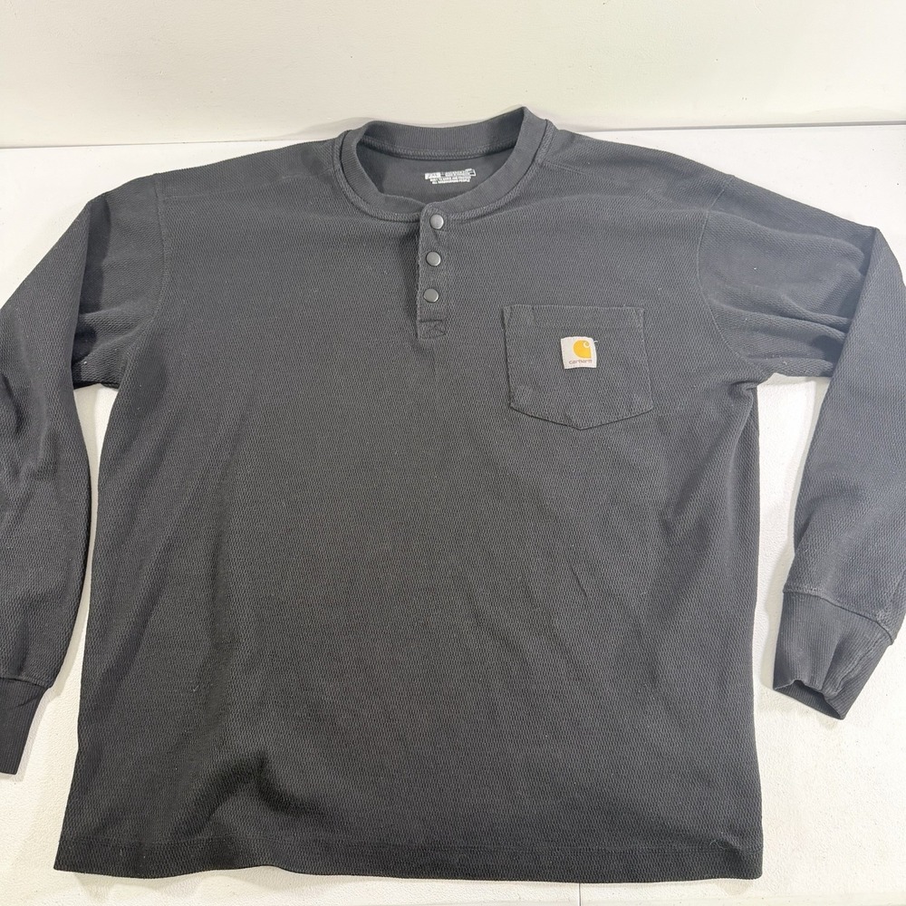 Carhartt Black Henley Long Sleeve Button Pocket Relaxed Fit Knit Shirt Size 2XL